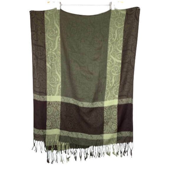 Incredibly Soft Pashmina Olive Green Brown Brocade Rectangle Scarf Fringed - Picture 1 of 3